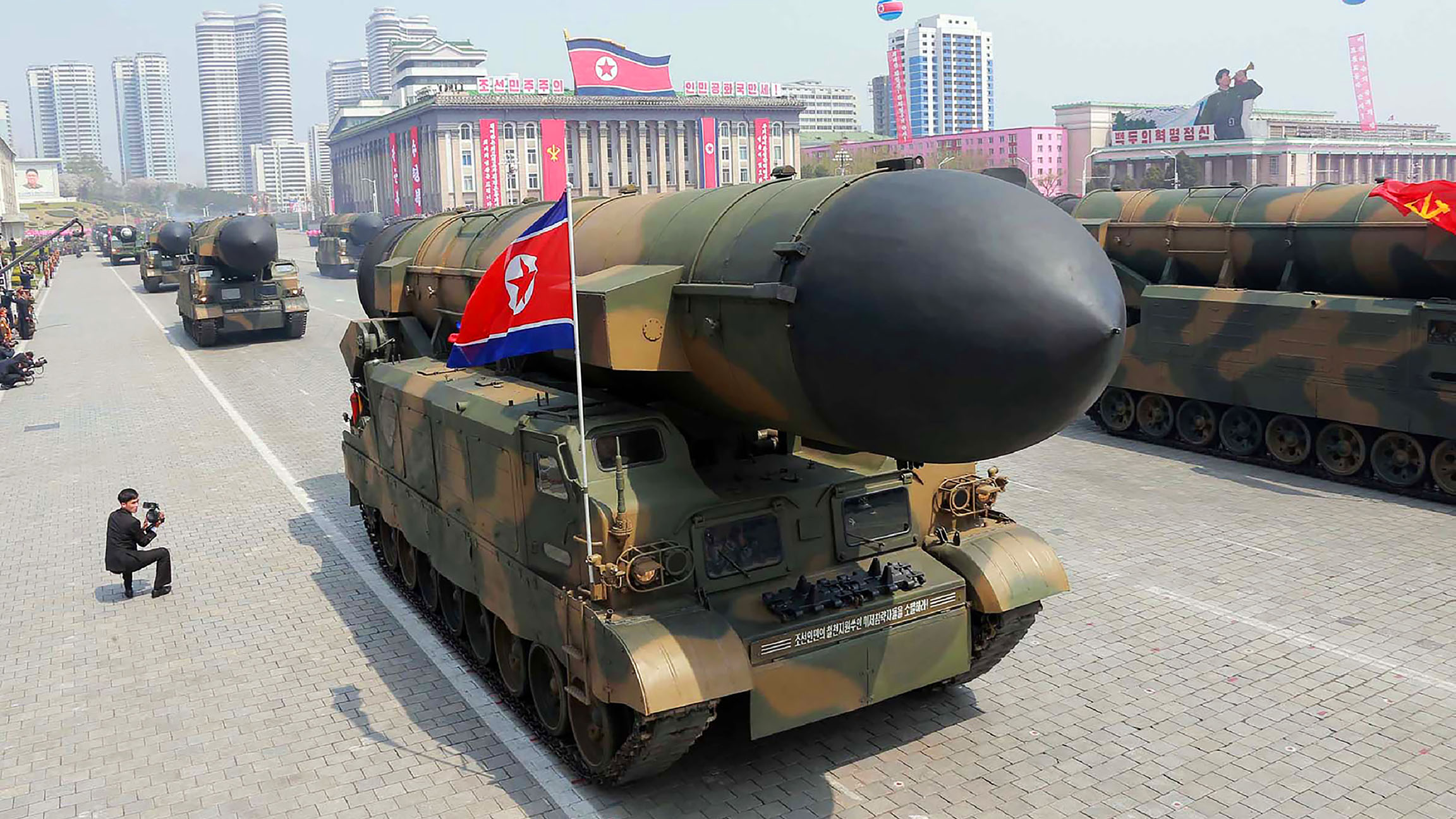 This April 15, 2017 picture released from North Korea's official Korean Central News Agency (KCNA) on April 16, 2017 shows Korean People's ballistic missiles being displayed through Kim Il-Sung square during a military parade in Pyongyang marking the 105th anniversary of the birth of late North Korean leader Kim Il-Sung. (AFP/Getty Images)