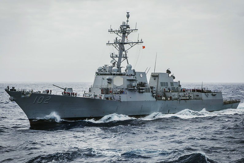 The USS Sampson pulls alongside the aircraft carrier USS Theodore Roosevelt (CVN 71) for a fueling-at-sea. (U.S. Navy photo by Mass Communication Specialist 3rd Class Spencer Roberts)