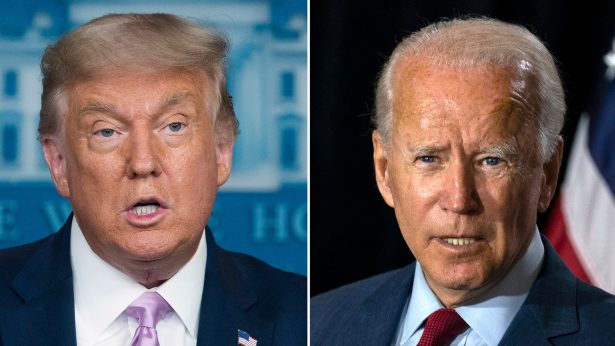 In this combination photo, President Donald Trump, left, speaks at a news conference in Washington, on Aug. 11, 2020, and Democratic presidential candidate former Vice President Joe Biden speaks in Wilmington, Del. on Aug. 13, 2020. (AP Photo)