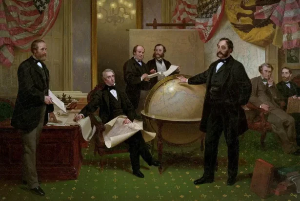 Signing the Alaska Purchase. Secretary of State William Seward is seated at the center. (Public Domain)