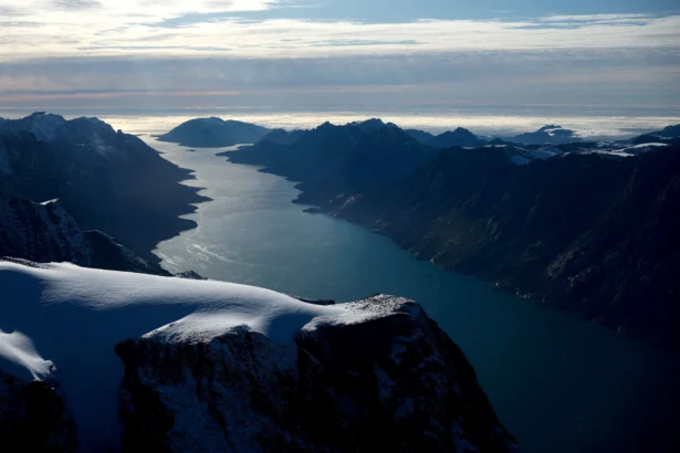 An aerial view shows a fjord in western Greenland on Sept. 16, 2025. (Reuters/Guglielmo Mangiapane)