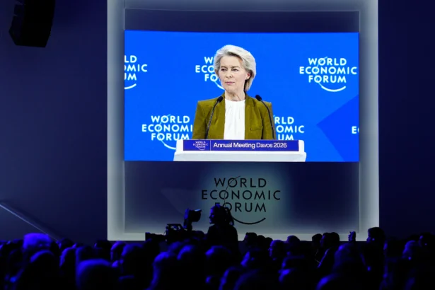 European Commission President Ursula von der Leyen talks during the Annual Meeting of the World Economic Forum in Davos, Switzerland, on Jan. 20, 2026. (AP Photo/Markus Schreiber)