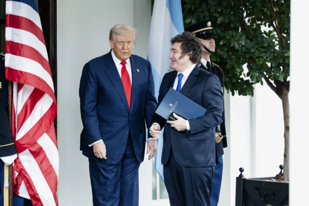 U.S. President Donald Trump greets Argentinian President Javier Milei at the White House on Oct. 14, 2025. (Madalina Kilroy/The Epoch Times)