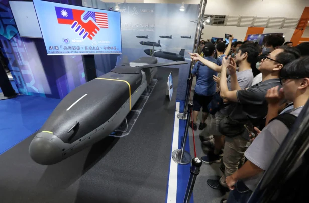 A low-cost autonomous cruise missile, the Barracuda 500, jointly manufactured by U.S. company Anduril and Taiwan's National Chung-Shan Institute of Science and Technology, is displayed at Nangang Exhibition Center in Taipei, Taiwan, on Sept. 20, 2025. (Chiang Ying-ying/AP Photo)