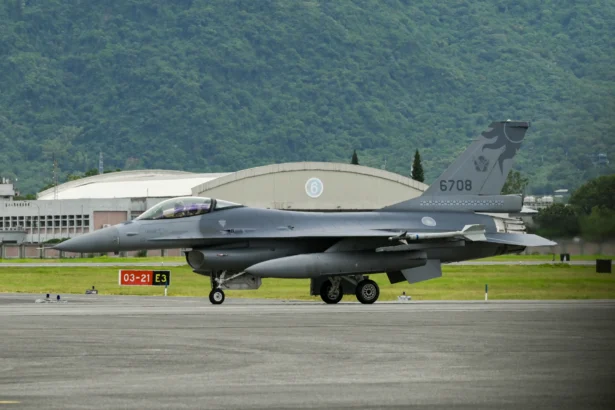 A U.S.-made F-16V fighter jet taxis on the runway at an air force base during Taiwan's annual Han Kuang military drills in Hualien on July 23, 2024. (Sam Yeh/AFP via Getty Images)