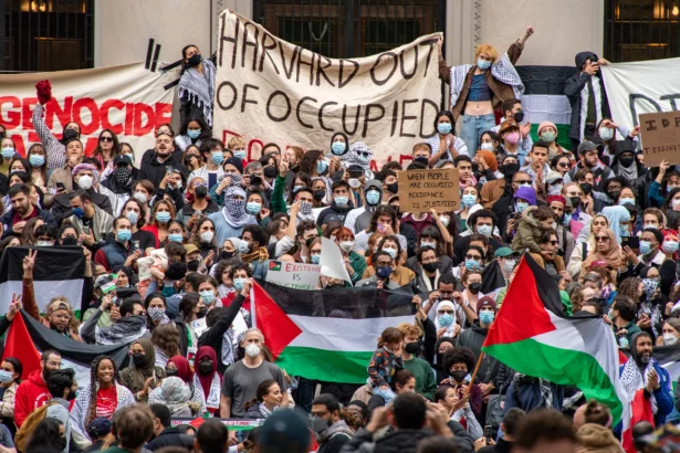 Protesters during a rally at Harvard University in Cambridge, Mass., on Oct. 14, 2023. (Joseph Prezioso/AFP via Getty Images)