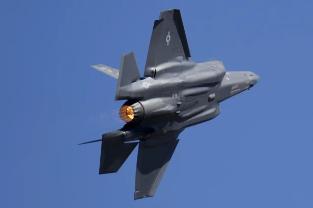U.S. Air Force fighter aircraft F-35 performs on the fourth day of the Aero India 2023 at Yelahanka air base in Bengaluru, India, on Feb. 16, 2023. (Aijaz Rahi/AP Photo)