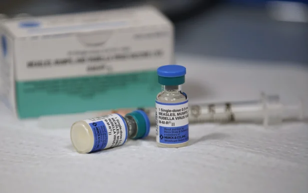Bottles of measles, mumps, and rubella virus vaccine sit on a counter at the Salt Lake County Health Department in Utah on April 26, 2019. (George Frey/Getty Images)