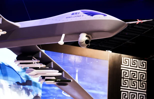 A model of the Wing Loong II weaponized drone from the China National Aero-Technology Import & Export Corp. at a military drone conference in Abu Dhabi, United Arab Emirates, on Feb. 25, 2018. (Jon Gambrell/AP)