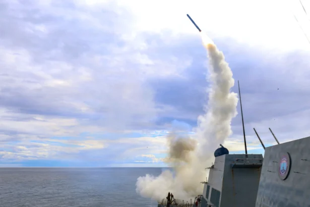 Arleigh Burke-class guided-missile destroyer USS Thomas Hudner (DDG 116) fires a Tomahawk land attack missile in support of Operation Epic Fury on March 1, 2026. (U.S. Navy photo)