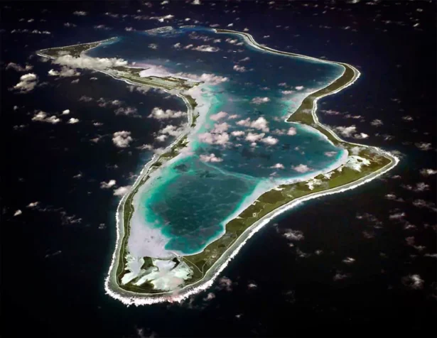 An undated photograph showing an aerial view of Diego Garcia. (U.S. Navy via AP)