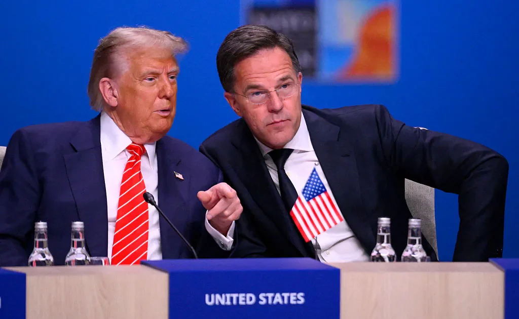 President Donald Trump and NATO Secretary-General Mark Rutte speak at the start of a NATO leaders’ summit in The Hague, Netherlands, on June 25, 2025. (John Thys/AFP via Getty Images)