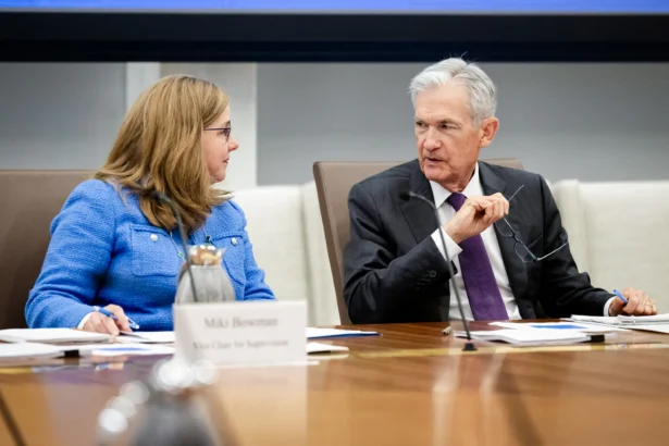 Federal Reserve Chairman Jerome Powell (R) speaks with Vice Chair for Supervision Michelle Bowman during a board meeting at the Federal Reserve building in Washington on June 25, 2025. Powell emphasized the importance of the Bureau of Labor Statistics’ jobs data in gauging the economy's health, but noted the Fed is increasingly incorporating other data sources. (Saul Loeb/AFP via Getty Images)