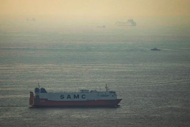 Cargo ships sail in the Arabian Gulf towards the Strait of Hormuz in the United Arab Emirates on March 19, 2026. (AP Photo)