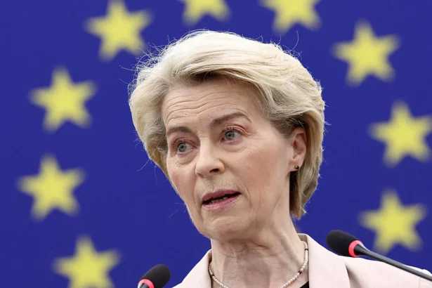 European Commission President Ursula von der Leyen speaks during a plenary session at the European Parliament in Strasbourg, France, on April 1, 2025. (Frederick Florin/AFP via Getty Images)