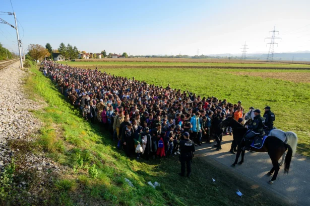 Police escort migrants as they walk to a refugee center after crossing the Croatian–Slovenian border near Rigonce, Slovenia, on Oct. 24, 2015. (Jure Makovec/AFP/Getty Images)