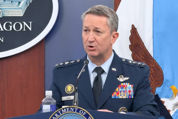 Chairman of the Joint Chiefs of Staff Gen. Dan Caine speaks during a press briefing at the Pentagon in Washington on March 4, 2026. (Konstantin Toropin/AP Photo)