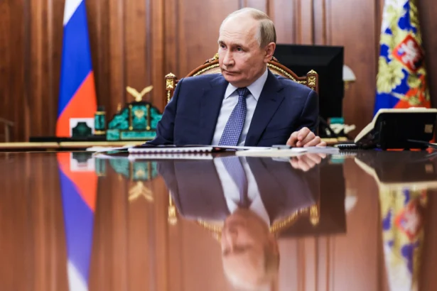 Russian President Vladimir Putin at the Kremlin in Moscow, Russia, on Oct. 21, 2025. (Alexander Kazakov, Sputnik, Kremlin Pool Photo via AP)