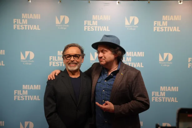 Director Thaddeus Matula (R) poses on the red carpet before the premiere of his movie "Revolution's Daughter." The film follows the story of Fidel Castro's daughter and others who advocate against the communist Cuban regime. The documentary was released in Miami, Fla., on April 10, 2026. (Troy Myers/The Epoch Times)