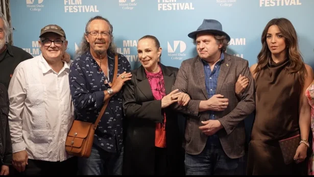 Alina Fernández Revuelta (C), Fidel Castro's daughter, poses with other crew members of documentary "Revolution's Daughter." The film was released in Miami, Fla., on April 10, 2026. (Troy Myers/The Epoch Times)