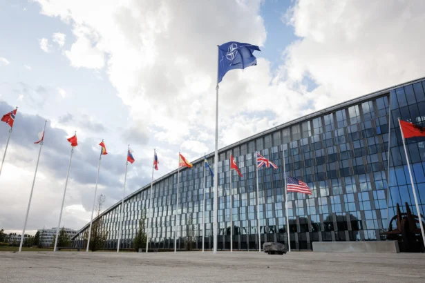 Flags of NATO members fly at the NATO's headquarters in Brussels, Belgium, on Sept. 12, 2025. (Simon Wohlfahrt/AFP via Getty Images)