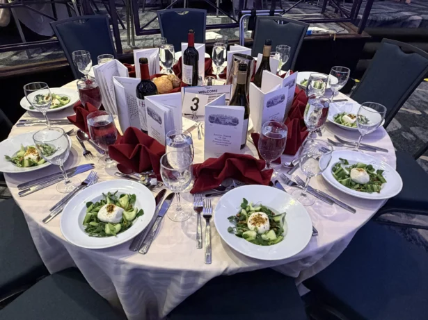 Attendees ate their salads and were awaiting the main course at the White House Correspondents' Dinner in the International Ballroom at the Washington Hilton hotel on April 25, 2026, when the event was disrupted by an attack on security.(Travis Gillmore/The Epoch Times)
