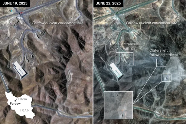 Before and after the June 21 U.S. bombing of the Fordow uranium enrichment site, north of Qom, Iran. (Illustration by The Epoch Times, Reuters, Shutterstock)