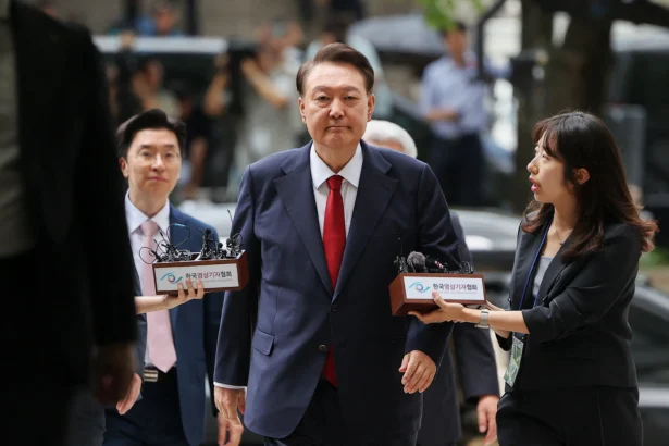 South Korea's former impeached president Yoon Suk Yeol arrives at a court in Seoul, South Korea, on July 9, 2025. (Kim Hong-Ji/AFP via Getty Images)