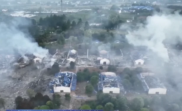 Drone footage aired by Chinese state broadcaster CCTV showed a gutted factory after an explosion in Liuyang city, Hunan Province, China, on May 5, 2026. (CCTV via Reuters/Screenshot via The Epoch Times)