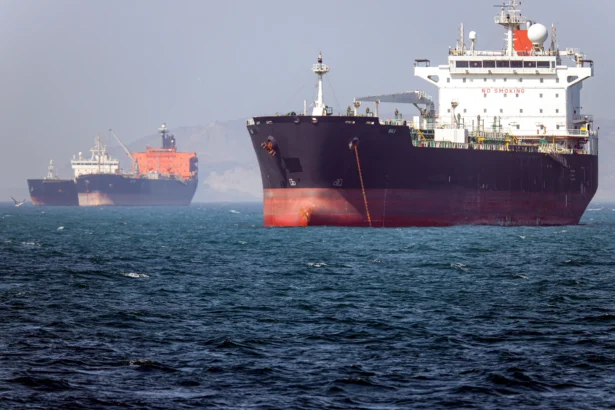 The Gambia-flagged tanker vessel Bili is anchored in the Strait of Hormuz off Bandar Abbas in southern Iran on May 2, 2026. (Amirhossein Khorgooei /ISNA/AFP via Getty Images)