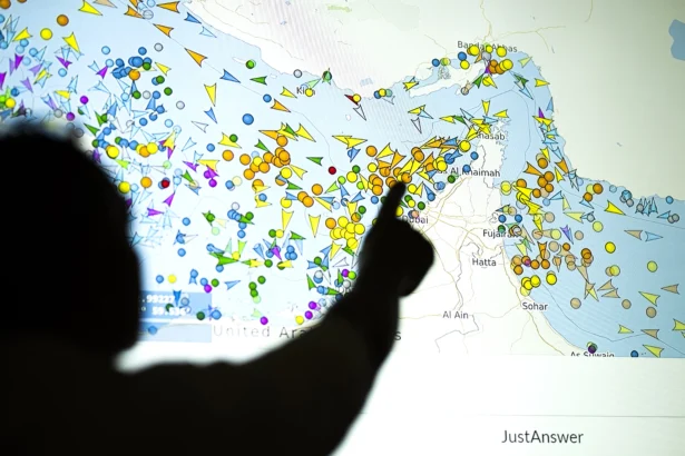 A photo illustration shows a person in front of a large screen displaying vessel movements in the Strait of Hormuz on a ship-tracking website, in Nicosia, on May 4, 2026. (AFP)