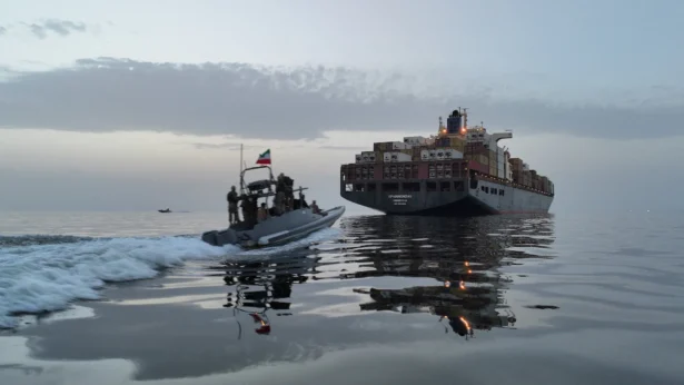 The Epaminondas ship is seen during seizure by the Islamic Revolutionary Guard Corps (IRGC) in the Strait of Hormuz, Iran, in this image obtained by Reuters on April 24, 2026. (Meysam Mirzadeh/Tasnim/WANA via Reuters)