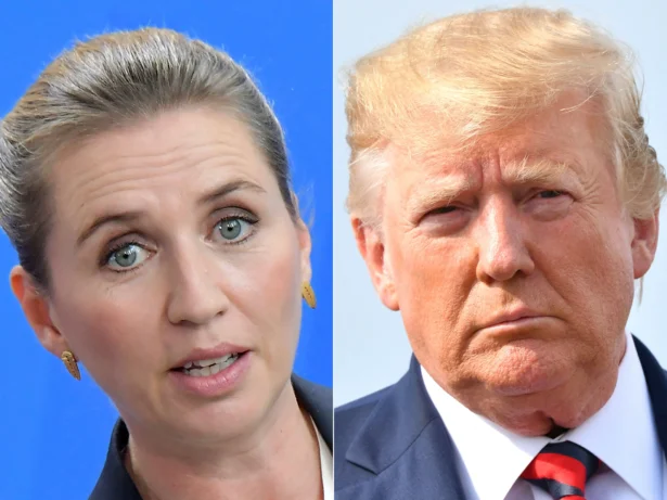 (Left) Denmark’s Prime Minister Mette Frederiksen at a joint press conference at the Chancellery in Berlin on July 11, 2019. (Right) U.S. President Donald Trump before boarding Air Force One in Morristown, New Jersey, on Aug. 18, 2019. (Tobias Schwarz and Nicholas Kamm/AFP via Getty Images)