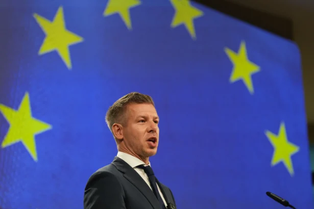 Hungary's Prime Minister Peter Magyar addresses the media at EU headquarters in Brussels on May 29, 2026. (AP Photo/Virginia Mayo)