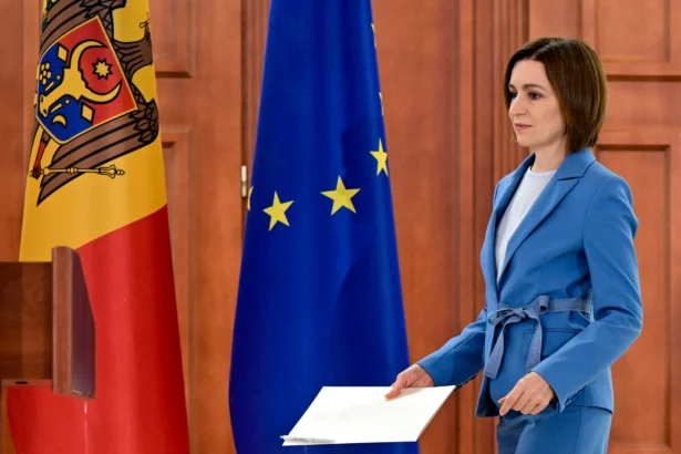 Moldova's president Maia Sandu arrives to hold a press conference at the Presidency headquarters in Chisinau on Sept. 29, 2025. (Daniel Mihailescu/AFP via Getty Images)