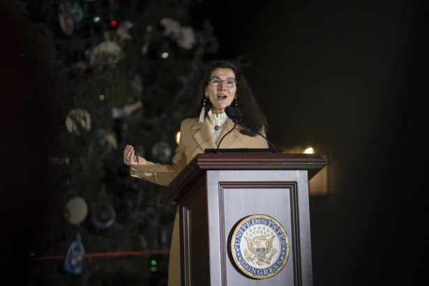 Rep. Mary Peltola (D-Alaska) speaks during the U.S. Capitol Christmas Tree Lighting Ceremony in Washington on Dec. 3, 2024. (Madalina Vasiliu/The Epoch Times)