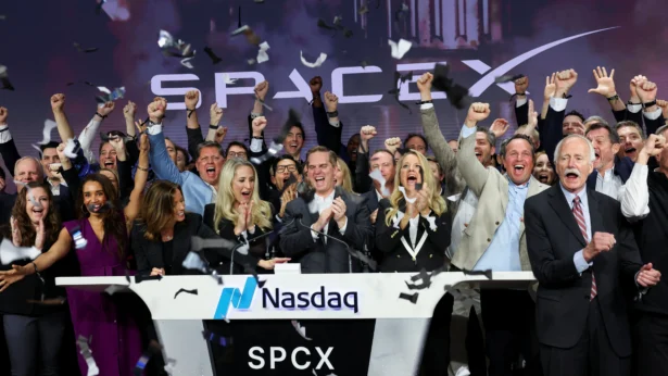 President and COO of SpaceX, Gwynne Shotwell, and CFO and President of Strategic Acquisitions, Bret Johnsen, ring the opening bell with company leaders during SpaceX’s IPO at the Nasdaq MarketSite in New York on June 12, 2026. (Reuters/Brendan McDermid)