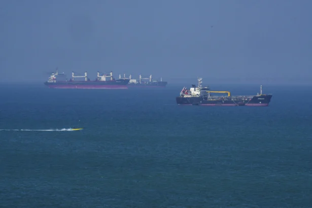 An oil tanker is seen navigating the sea near Qeshm Island, Iran, in the Strait of Hormuz, on April 28, 2026. (Asghar Besharati/Getty Images)