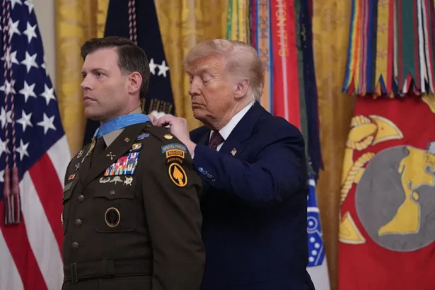 President Donald Trump bestows the Medal of Honor to retired U.S. Army Major Nicholas Dockery in the East Room of the White House in Washington, DC, on June 18, 2026. (Ken Cedeno/AFP via Getty Images)