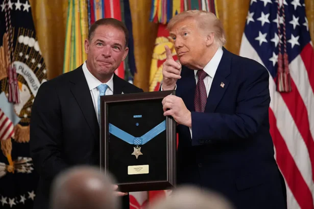 President Donald Trump presents the Medal of Honor to the family of Colonel John W. Ripley, U.S. Marine Corps (Posthumous), during a Medal of Honor Ceremony in the East Room of the White House in Washington, DC, on June 18, 2026. (Andrew Harnik/Getty Images)
