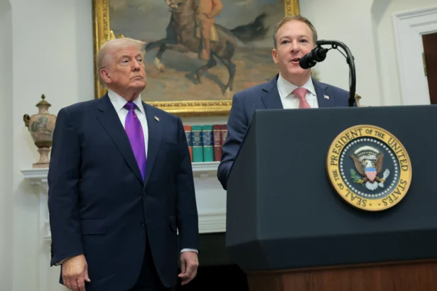 U.S. Environmental Protection Agency Administrator Lee Zeldin (R) speaks alongside President Donald Trump at the White House on Feb. 12, 2026. (Anna Moneymaker/Getty Images)