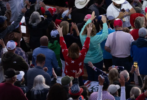People cheer as President Donald Trump appears at Mount Rushmore National Memorial in South Dakota on July 3, 2026. (John Fredricks/The Epoch Times)