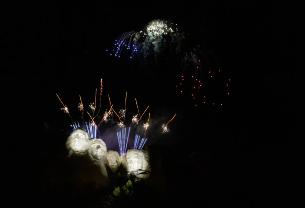 A firework display appears over Mount Rushmore National Memorial in South Dakota on July 3, 2026. (John Fredricks/The Epoch Times)