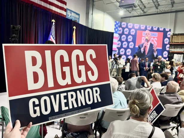 Supporters of Rep. Andy Biggs (R-Ariz.) attended a watch party for the politician Dillon Precision in Scottsdale on July 21, 2026. (Jacki Thrapp/The Epoch Times)