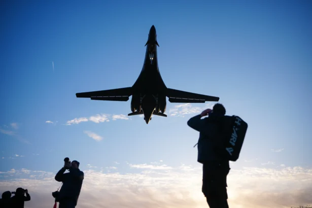 A U.S. Air Force B-1 bomber comes in to land at RAF Fairford in Fairford, England, on March 11, 2026. (Christopher Furlong/Getty Images)