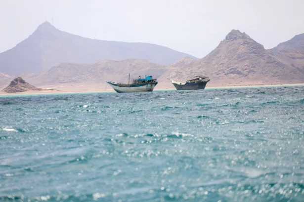 Boats float near the coast of Bab el-Mandeb, Yemen, on April 2, 2026. (Reuters)