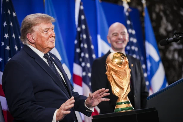 FIFA president Gianni Infantino delivers remarks alongside President Donald Trump at a FIFA Reception at Trump Tower in New York on July 17, 2026. (Andrew Harnik/Getty Images)