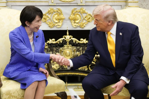 Prime Minister of Japan Sanae Takaichi shakes hands with President Donald Trump during a bilateral meeting in the Oval Office of the White House in Washington, on March 19, 2026. (Alex Wong/Getty Images)