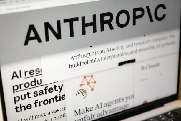 Pages from the Anthropic website and the company’s logo are displayed on a computer screen in New York City on Feb. 26, 2026. (Patrick Sison/AP Photo)