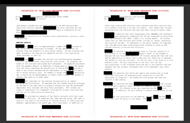 Newly declassified documents released by the White House Government Transparency Task Force on Aug. 17 reveal an operation to investigate suspected Chinese spy Christine Fang, code-named Rusty Thumbs. (Courtesy of the White House)